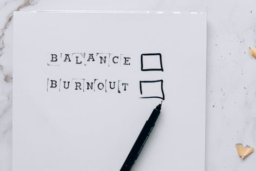 A minimalist image depicting the choice between balance and burnout with checkboxes.
